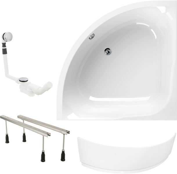 Calmwaters® Eckbadewanne Komplettset 120x120 cm Modern Small 2, Made in EU, 4in1 Acryl-Wanne mit Schürze, Wannenfüßen & Ablaufgarnitur, Duowanne für 2, Set Badewanne komplett, 120 x 120, Weiß, 99000047