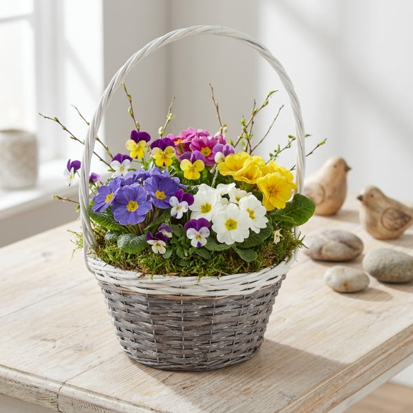 Frühlingsblumenarrangement mit bunten Primeln und Stiefmütterchen im geflochtenen Weidenkorb mit Tragegriff auf einem Holztisch dekoriert.
