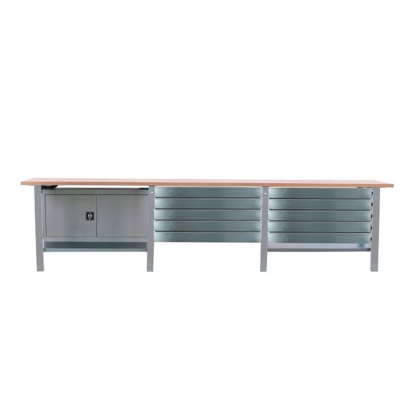 Werkbank BUFFALO WOOD mit 10x Schublade + Schrank| HxBxT 86,5x300x75cm | Traglast 1000kg | Grau