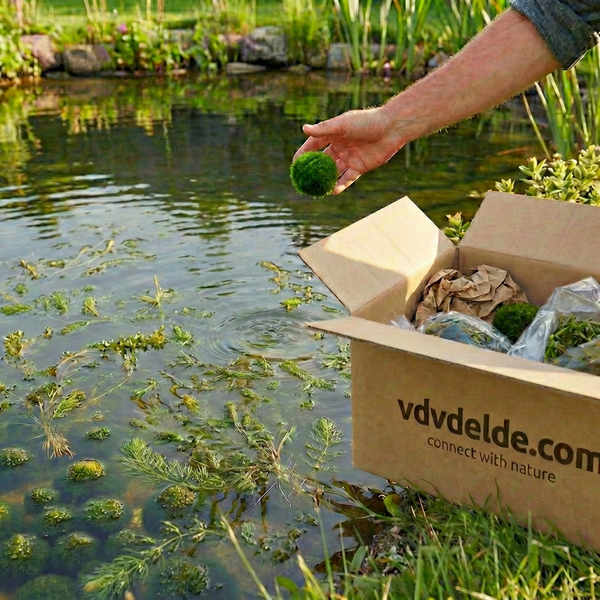 Auswahl verschiedener Wasserpflanzen für Gartenteich und Aquarium, darunter Moosball, Hornkraut und Tausendblatt in Pflanzkörben.