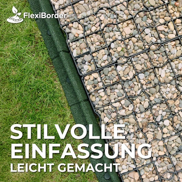 FlexiBorder (Grün, 6 Meter) - flexible Rasenkante, Komplettset, biegbar bis 70°, recycelte Rohstoffe, speziell geeignet für kinderfreundliche Gärten, wetterfest, rasenmäherfreundlich, einfache Installation
