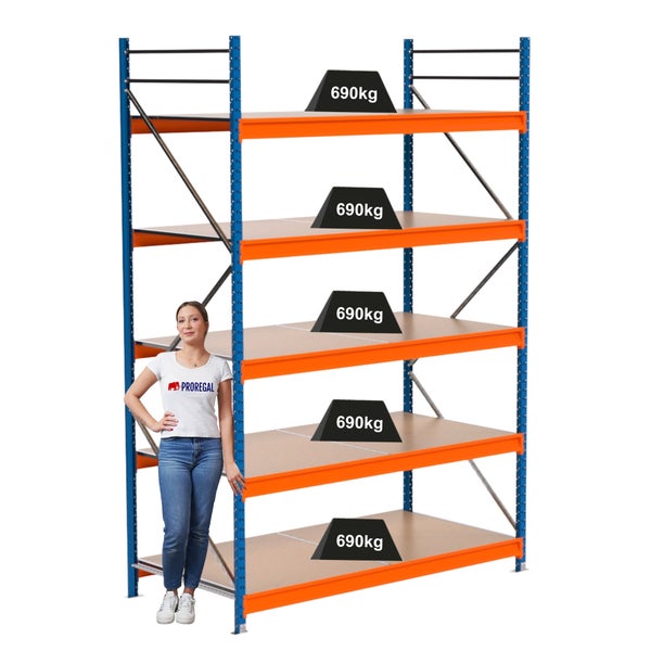 Lagerregal mit fünf Ebenen und einer maximalen Traglast von 690 Kilogramm pro Ebene
