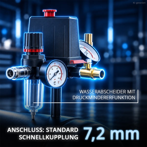Wasserabscheider mit Druckminderer für Kompressoren mit Standard Schnellkupplung 7,2 Millimeter Anschluss.