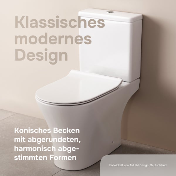 Stand WC mit Spülkasten und Deckel im modernen Design mit konischem Becken und abgerundeten Formen von AM.PM Design.