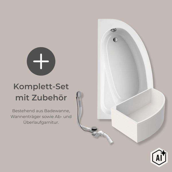 Eckbadewanne Komplettset inklusive Wannenträger sowie Ab- und Überlaufgarnitur zur Badezimmereinrichtung.