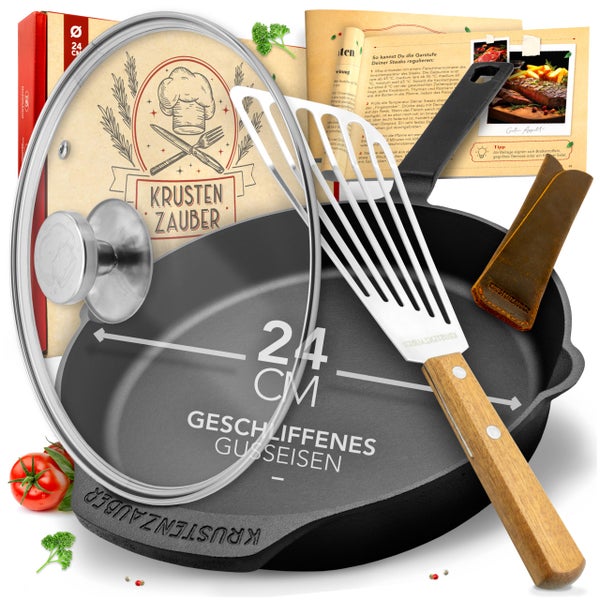 KRUSTENZAUBER 24cm Gusseisenpfanne Induktion Set - Fein Geschliffene Gusseisen Pfanne - Ideale Grillpfanne Induktion, Eisenpfanne, Cast Iron Pan, Bratpfanne, Gusseiserne Pfanne Skillet Gusspfanne