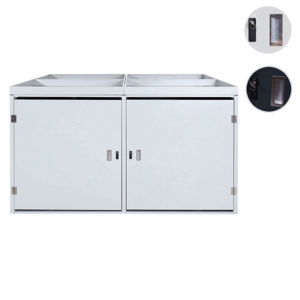 Mülltonnenbox aus Metall für zwei Tonnen mit Pflanzwanne, Zahlenschloss und Griffmulde.