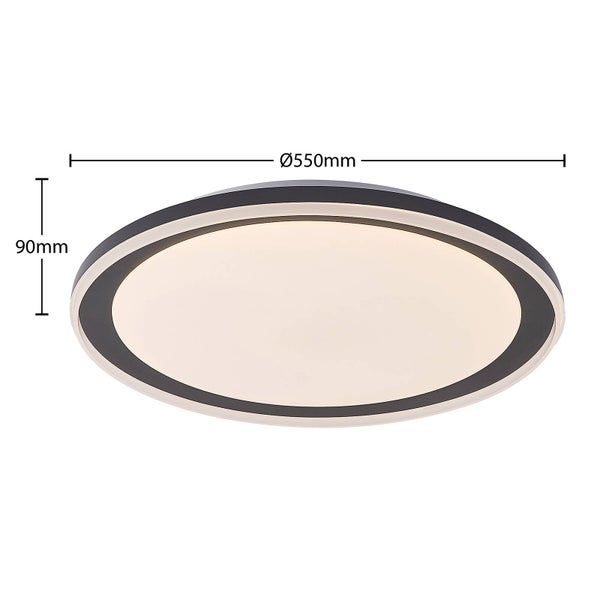 Runde Deckenleuchte mit einem Durchmesser von 550 Millimeter und einer Höhe von 90 Millimeter.