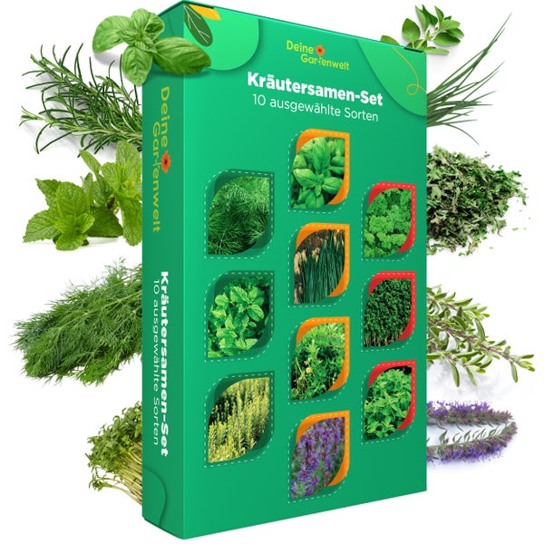 Kräutersamen-Set von Deine Gartenwelt mit zehn ausgewählten Sorten in einer grünen Verpackung, umgeben von verschiedenen frischen Kräutern.