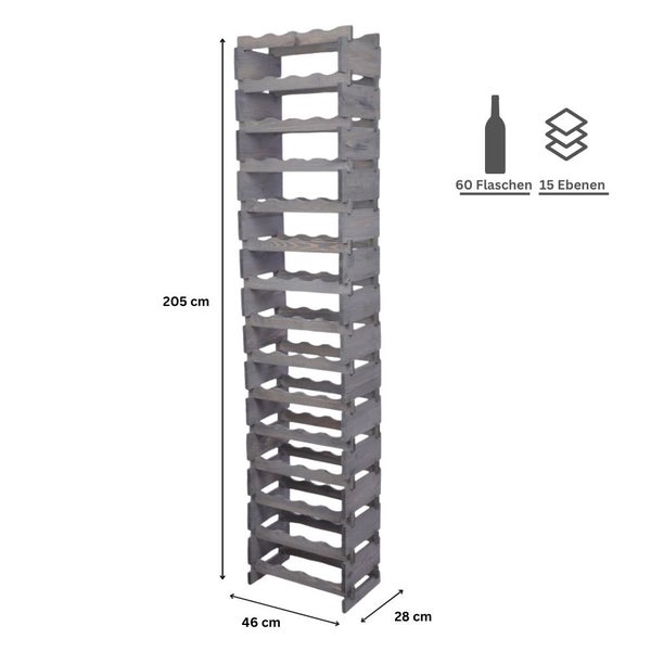 Weinregal VINOTECA FLEX PRO HxBxT 205x46x28cm 60 Flaschen auf 15 Ebenen Massives Kiefernholz Grau