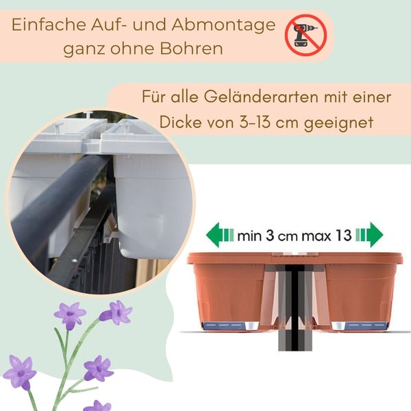 Balkonkasten zur Geländermontage ohne Bohren, geeignet für Geländer mit einer Dicke von 3 bis 13 Zentimetern