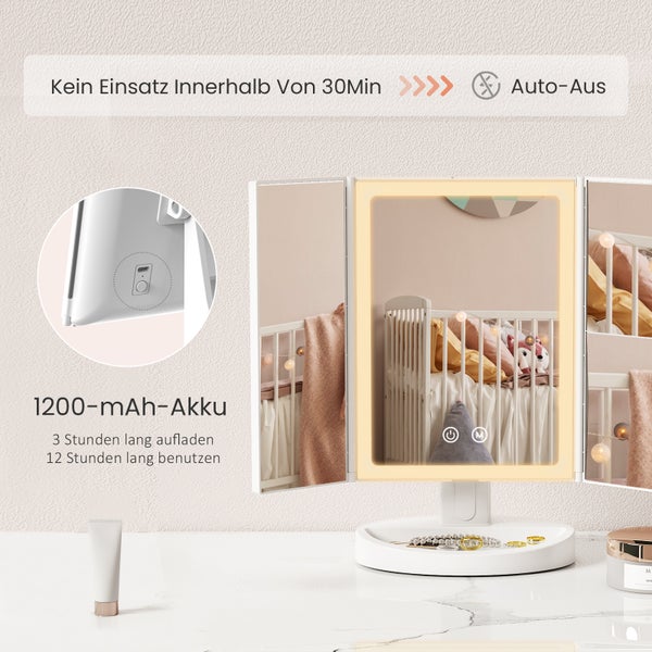 EMKE LED-Kosmetikspiegel Tragbarer mit 2X/5X-Vergrößerung, 180° klappbar, USB-aufladbar, 285x175x120mm, Weiß