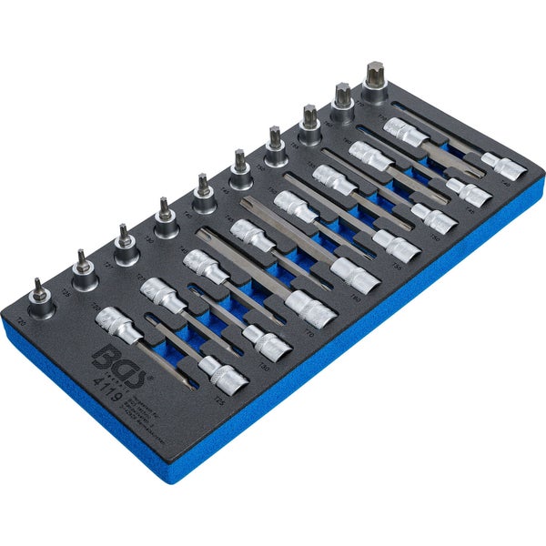 BGS Werkstattwageneinlage 1/3: Bit-Einsatz-Satz Antrieb Innenvierkant 12,5 mm (1/2) T-Profil (für Torx) 26tlg. - 4119