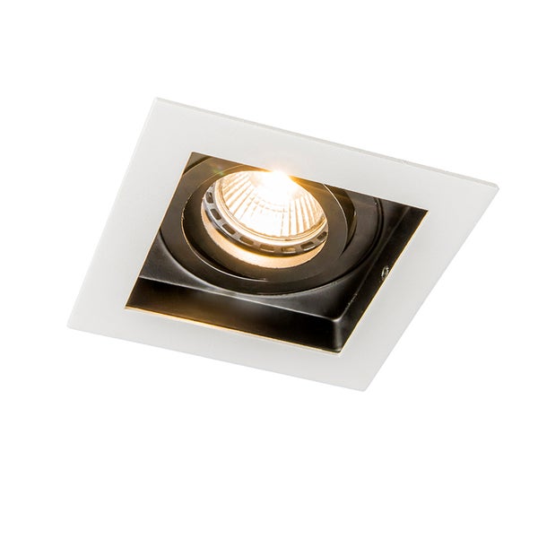 Quadratischer Einbaustrahler in Weiß und Schwarz mit schwenkbarem Einsatz und leuchtendem Leuchtmittel.