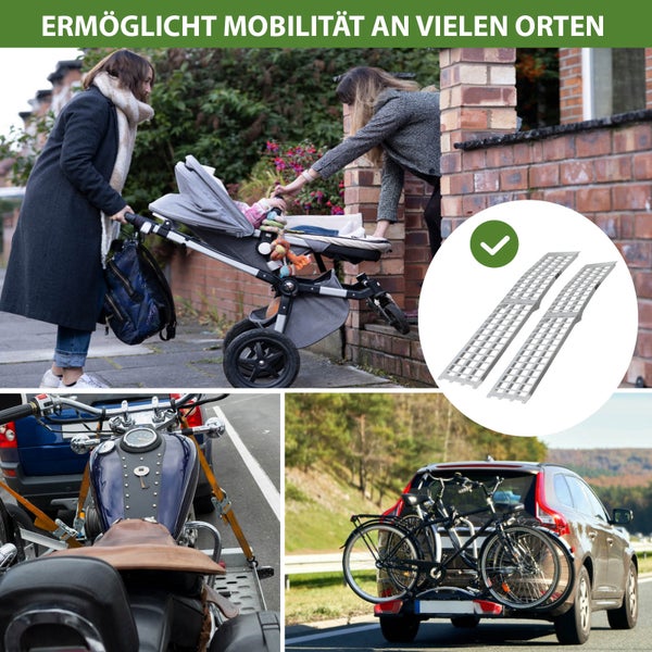 Das Bild zeigt mehrere Mobilitätslösungen: Rampen für Kinderwagen und Rollstühle, einen Motorradanhänger und einen Fahrradträger am Auto.