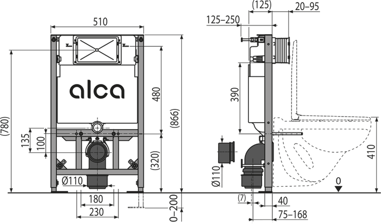 Technische Zeichnung eines Alca Toiletten-Vorwandelements mit Alca Logo und detaillierten Maßangaben für die Montage.