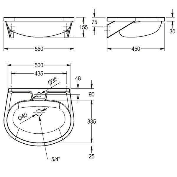 Technische Zeichnung eines Waschbeckens mit Maßangaben in Millimetern und Zoll zur Installation.