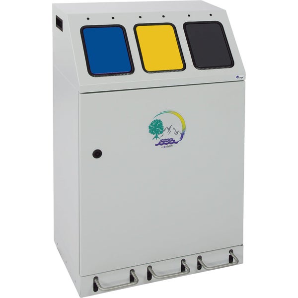 Wertstoffsammler aus Metall mit drei Einwurföffnungen in Blau, Gelb und Schwarz sowie vier Fußbügeln.