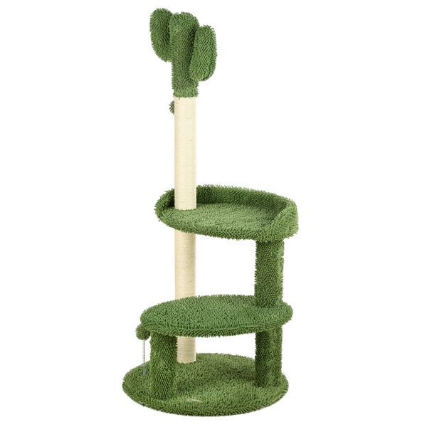 PawHut Kaktus Kratzbaum 111 cm Katzenkratzbaum mit 2 Etagen, Spielball Katzenbaum, Kletterbaum mit Katzenbett für Katzen bis 10 kg, Katzenmöbel, Sisal, Grün