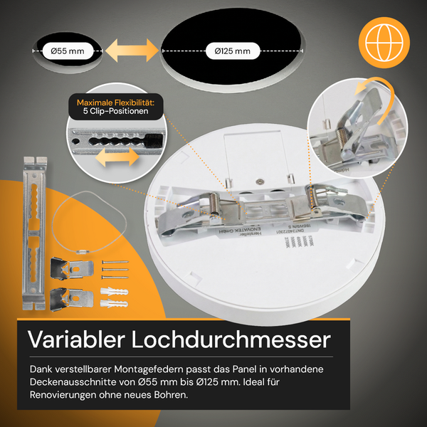 Rundes LED-Panel mit verstellbaren Montagefedern für Deckenausschnitte von 55 bis 125 Millimeter Durchmesser und 5 Clip-Positionen inklusive Zubehör.