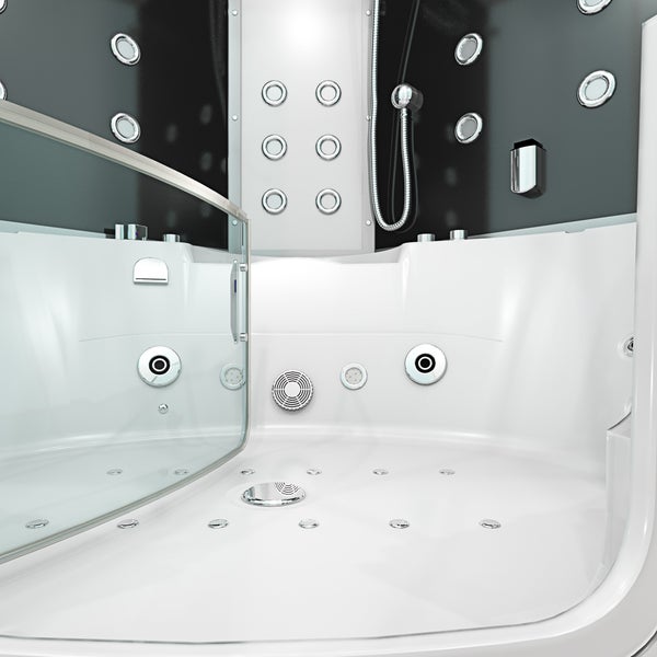 Duschkabine mit Whirlpool-Funktion, ausgestattet mit Massagedüsen, Handbrause und Glastür in modernem Design.