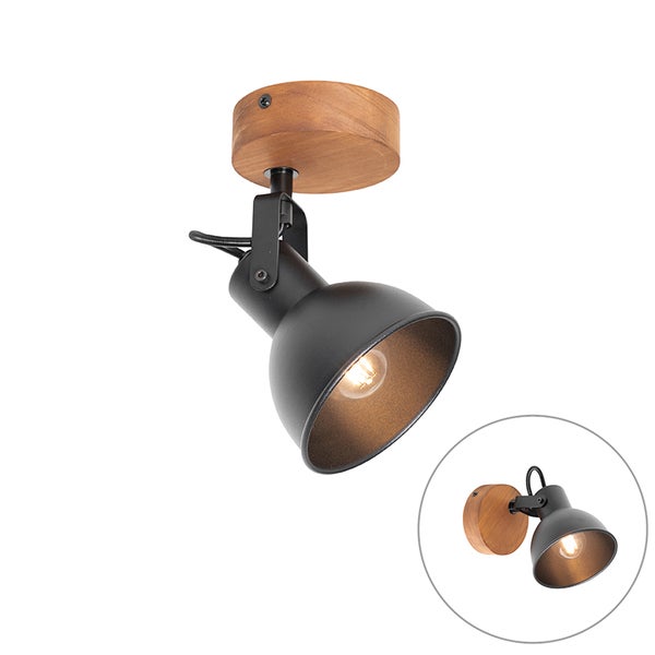 Schwarzer Deckenspot mit Holzsockel