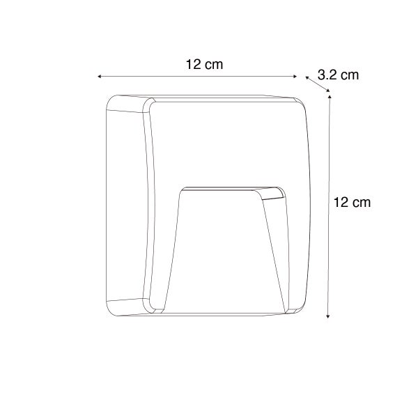 Technische Zeichnung einer quadratischen Wandleuchte mit den Maßen 12 Zentimeter Breite, 12 Zentimeter Höhe und 3,2 Zentimeter Tiefe.