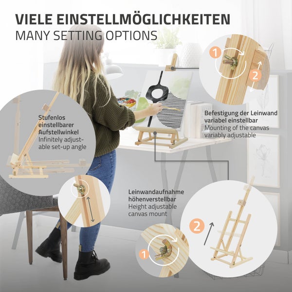 ECD Germany Tischstaffelei klappbar mit H-Rahmen, verstellbare Sitzstaffelei aus Buchenholz, Art Staffelei zum Malen für Leinwänden & Keilrahmen bis 56cm, Tragbare Holzstaffelei für Kinder & Künstler