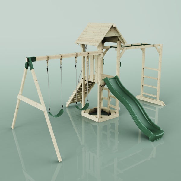 Holzspielplatz mit Schaukel, Rutsche und Klettergerüst für den Garten