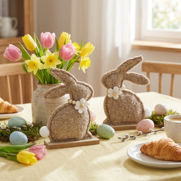 Zwei Osterhasen aus Filz auf Holzsockeln mit Blumendekoration als Tischdekoration neben einer Blumenvase mit Tulpen und Narzissen.