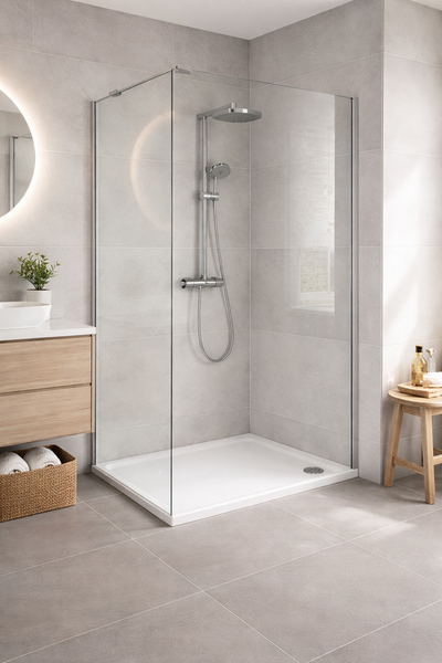 Helles Badezimmer mit Duschkabine, Waschbecken und Hocker