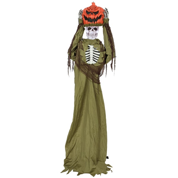 Halloween Deko Skelett Figur mit Kürbiskopf in den Händen tragend