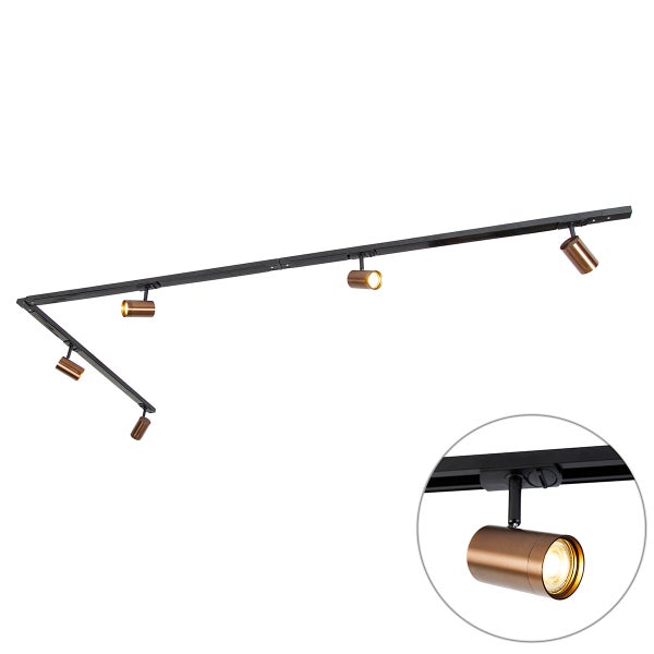 Schwarzes LED-Schienensystem in L-Form mit fünf verstellbaren Strahlern in Bronze-Optik für die Decke.