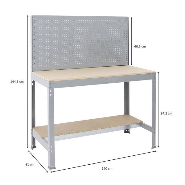 PROREGAL Werkbank Quick Buffalo mit Werkzeugwand HxBxT 84 x 120 x 61 cm Traglast 600 kg Grau