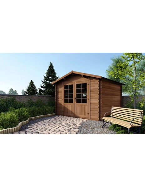 Gartenhaus aus Holz mit Doppeltür und Fenstersprossen in einem Garten mit Holzbank und gepflastertem Weg.