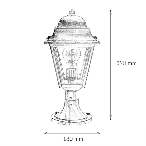 Skizze einer Sockelleuchte mit den Maßen 390 mm Höhe und 180 mm Breite