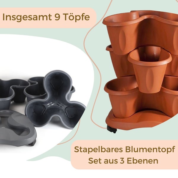 Pflanzturm Erdbeerturm Pflanzkübel auf Rollen Vertikaler Garten Kräuterspirale Säulentopf SET 3 Ebenen Kräutergarten Roller Blumentopf stapelbar grau