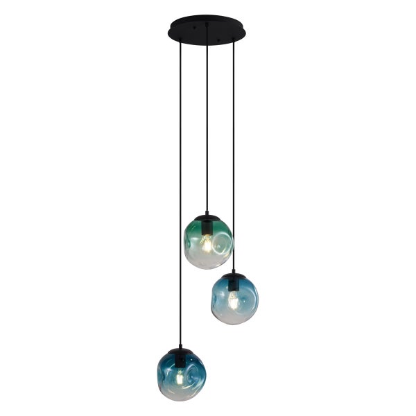 Art-Deco-Pendelleuchte Schwarz mit Blauem Glas 3-flammig - Douglass