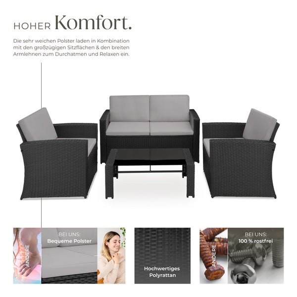 Rattan Lounge tectake Jesolo mit Sicherheitsglasplatte für 4 Personen schwarz/grau
