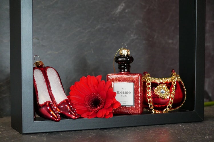 Set Lady in Red - High Heels 9cm, Handtasche 6cm, Parfümflasche 9cm, 3 Stck., Weihnachtsbaumkugeln, Christbaumschmuck, Weihnachtsbaumanhänger