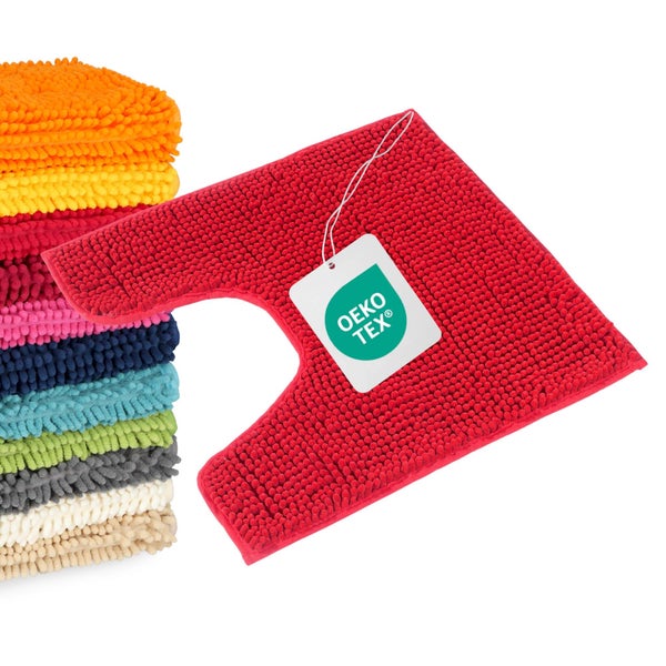 Roter WC-Vorleger aus Mikrofaser-Chenille mit Ausschnitt für Stand-WCs und Oeko-Tex Zertifizierung.