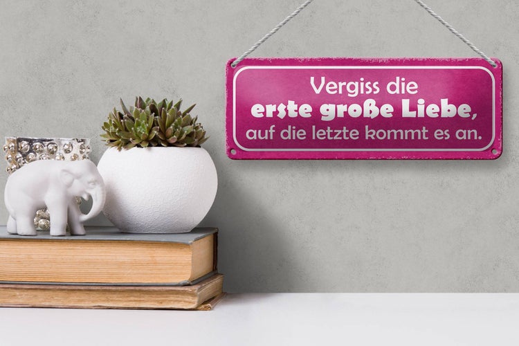 Blechschild Spruch 27x10cm vergiss die erste große Liebe Dekoration