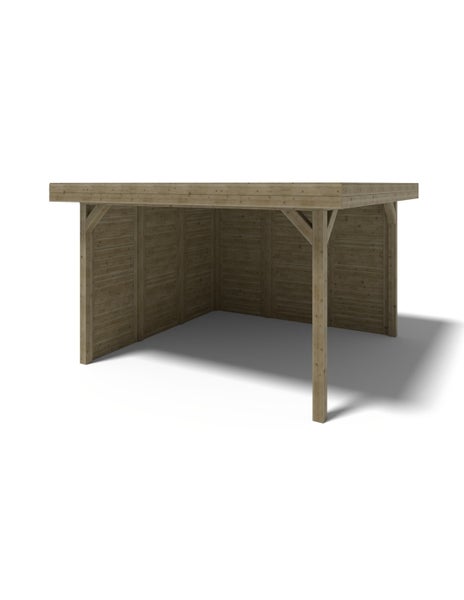 Hölzerner Carport mit drei Seitenwänden und einem Flachdach aus Nadelholz.