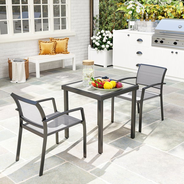 Outsunny Sitzgruppe 3 tlg. Essgruppe für 2 Personen Esstisch mit 2 Stapelbare Stühle, Bistroset Esszimmergruppe Küchentisch-Set mit Stahlgestell Balkonmöbel Gartenmöbel für Terrasse, Balkon Grau