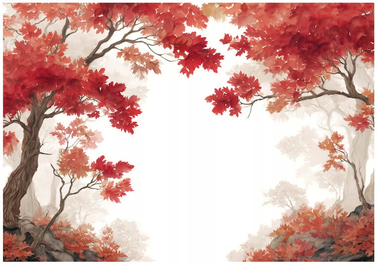 Illustration mit Bäumen und rotem Herbstlaub