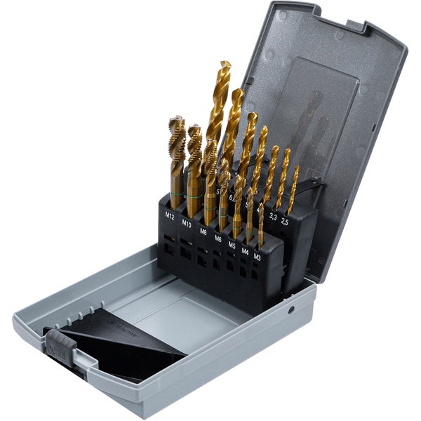 Bohrerset in geöffnetem Kunststoffkoffer mit verschiedenen Größen