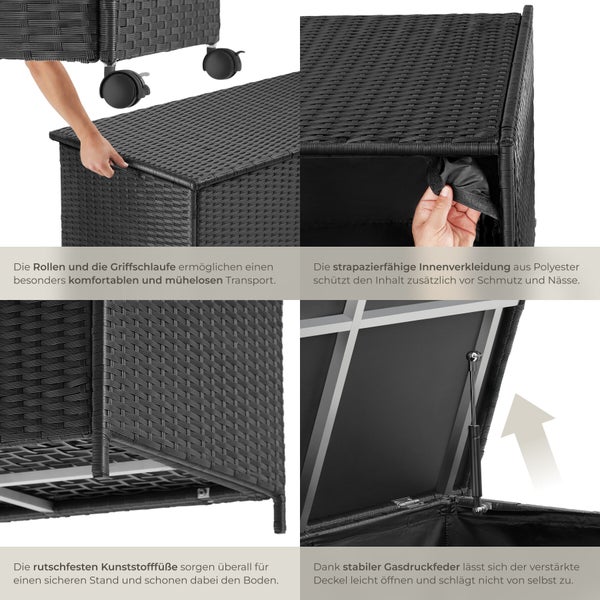 Gartenbox aus Polyrattan mit Rollen, Trageschlaufe, Polyester-Innenfutter, rutschfesten Standfüßen und Gasdruckfeder am Deckel.