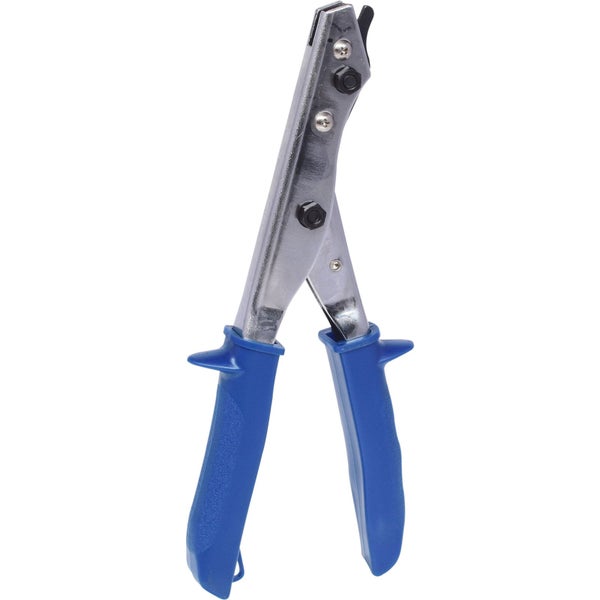Blechnibbler mit blauen Kunststoffgriffen und silbernem Metallgehäuse.