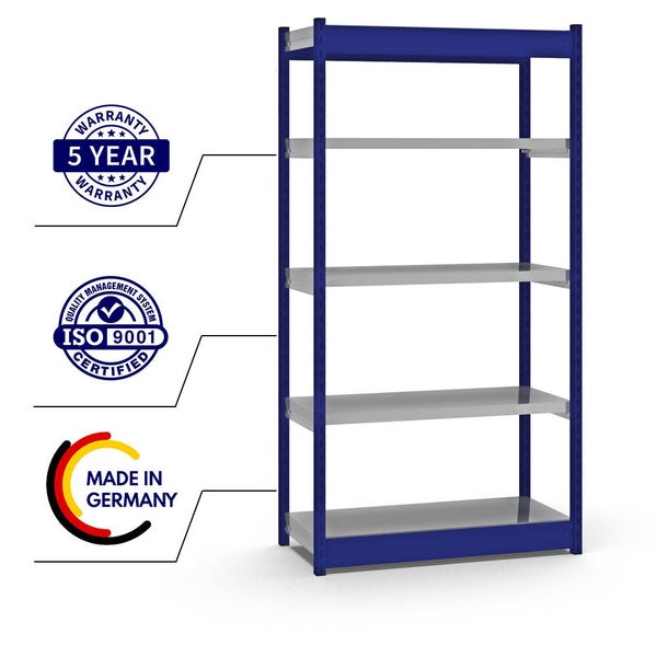 PROREGAL Fachbodenregal Stecksystem Vierkant-Profil Grundregal HxBxT 200 x 102,5 x 40 cm 5 Ebenen Einseitige Bauart Fachlast 200 kg Enzianblau