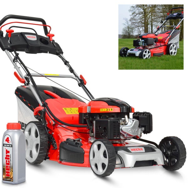 Hecht Benzin-Rasenmäher mit 4-Takt-Motor, großen Rädern und Grasfangsack, inklusive Motoröl und einer hellen Außenszene beim Rasenmähen.